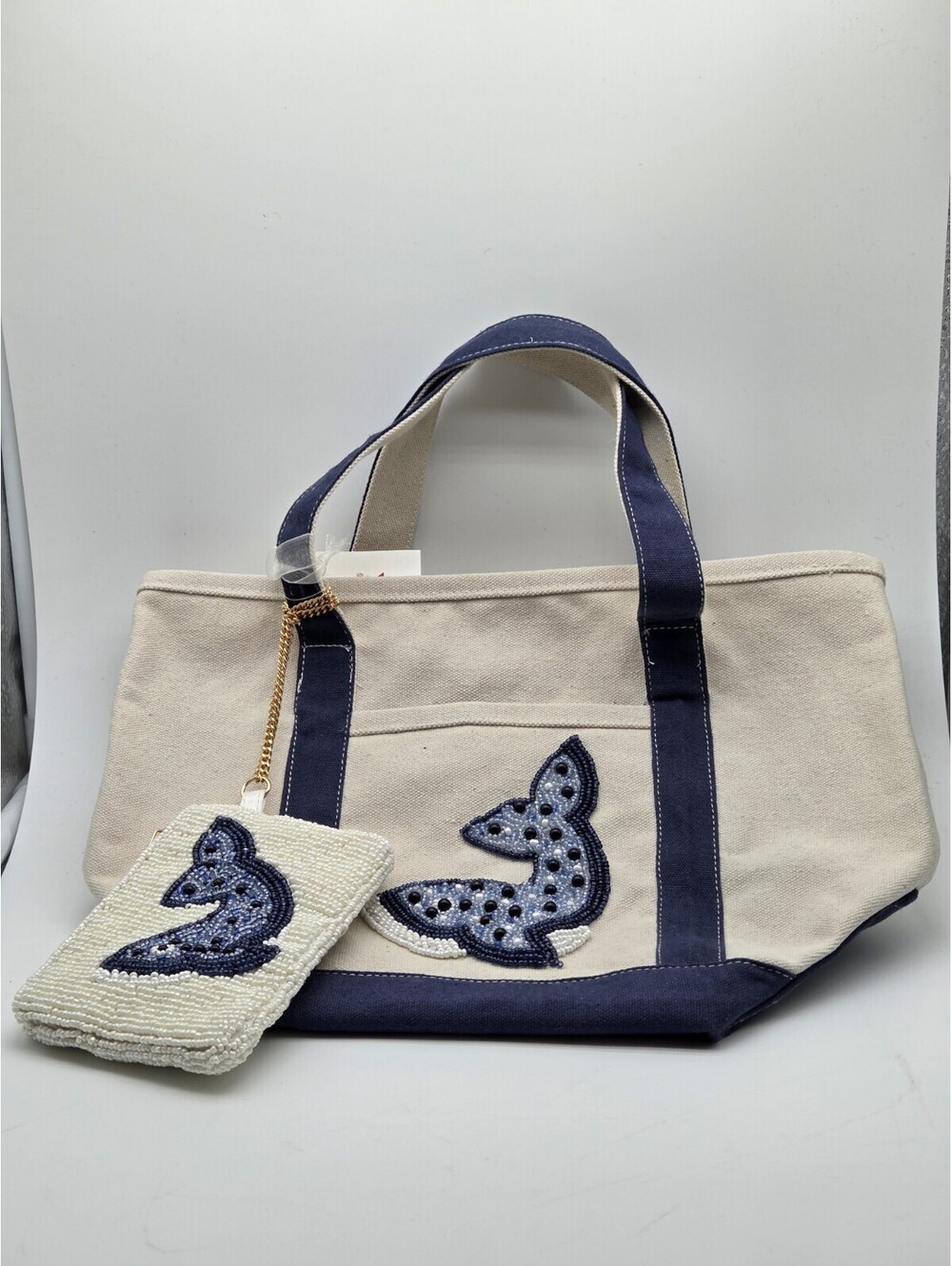 NWT TJ Maxx Canvas Whale Tote Bag Beaded Navy Beach Shopper Purse Zip Pouch - Picture 2 of 7